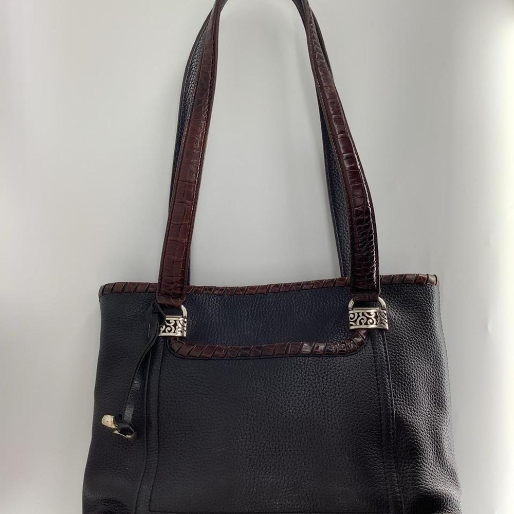 Brighton Black Pebbled Leather Tote Bag Brown Croc Embossed Trim Silver Heart
